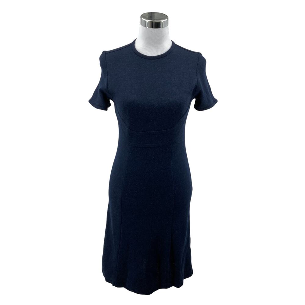 Lesley Evers Navy Wool Blend Sheath Dress Womens XS Small Crew Neck Back Zip